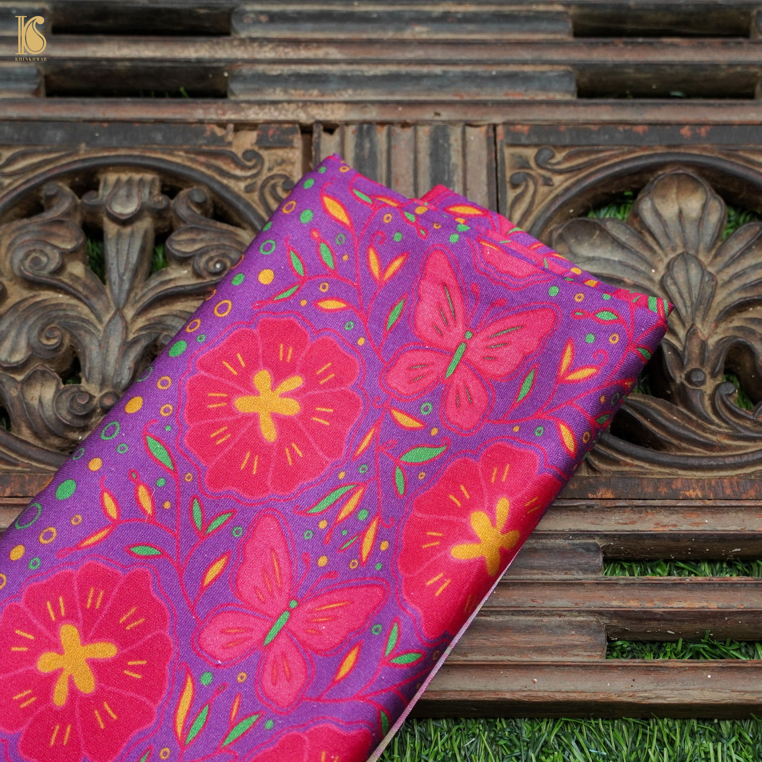Poppy Purple &amp; Pink Titli Print Chiniya Silk Fabric - Khinkhwab