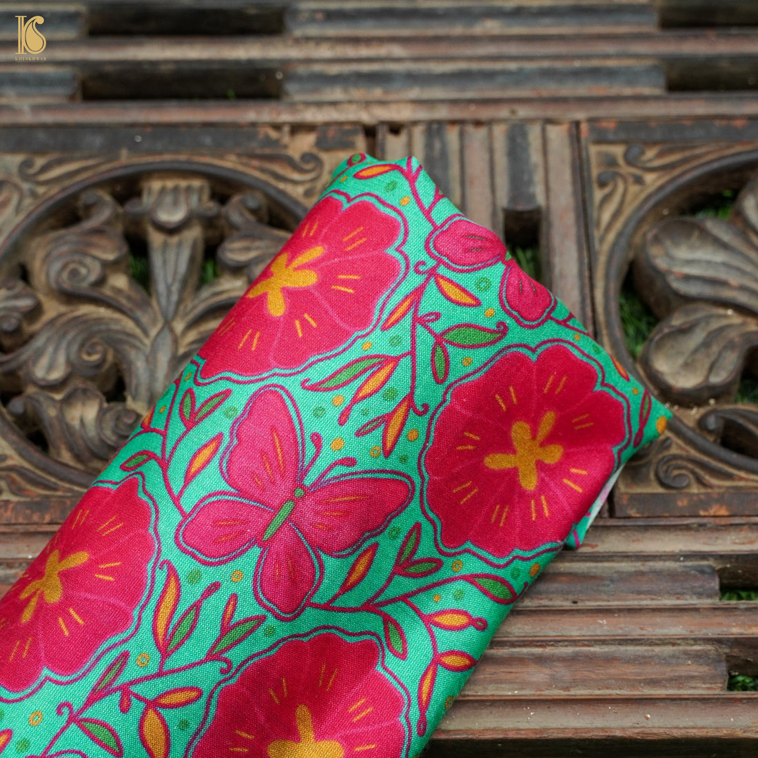 Poppy Teal & Pink Titli Print Chiniya Silk Fabric - Khinkhwab