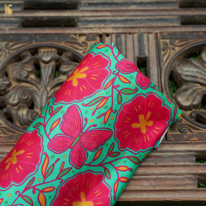 Poppy Teal &amp; Pink Titli Print Chiniya Silk Fabric - Khinkhwab