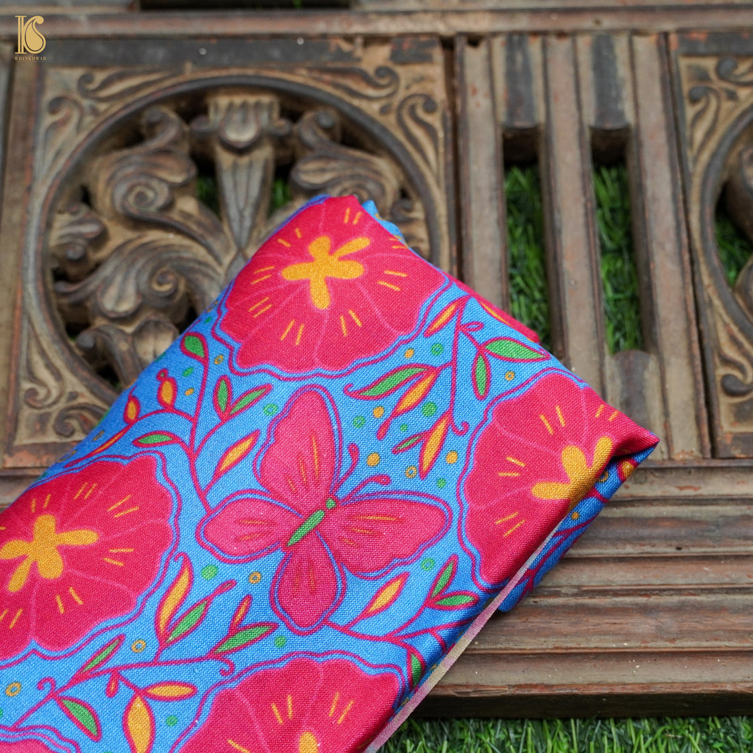 Poppy Blue &amp; Pink Titli Print Chiniya Silk Fabric - Khinkhwab