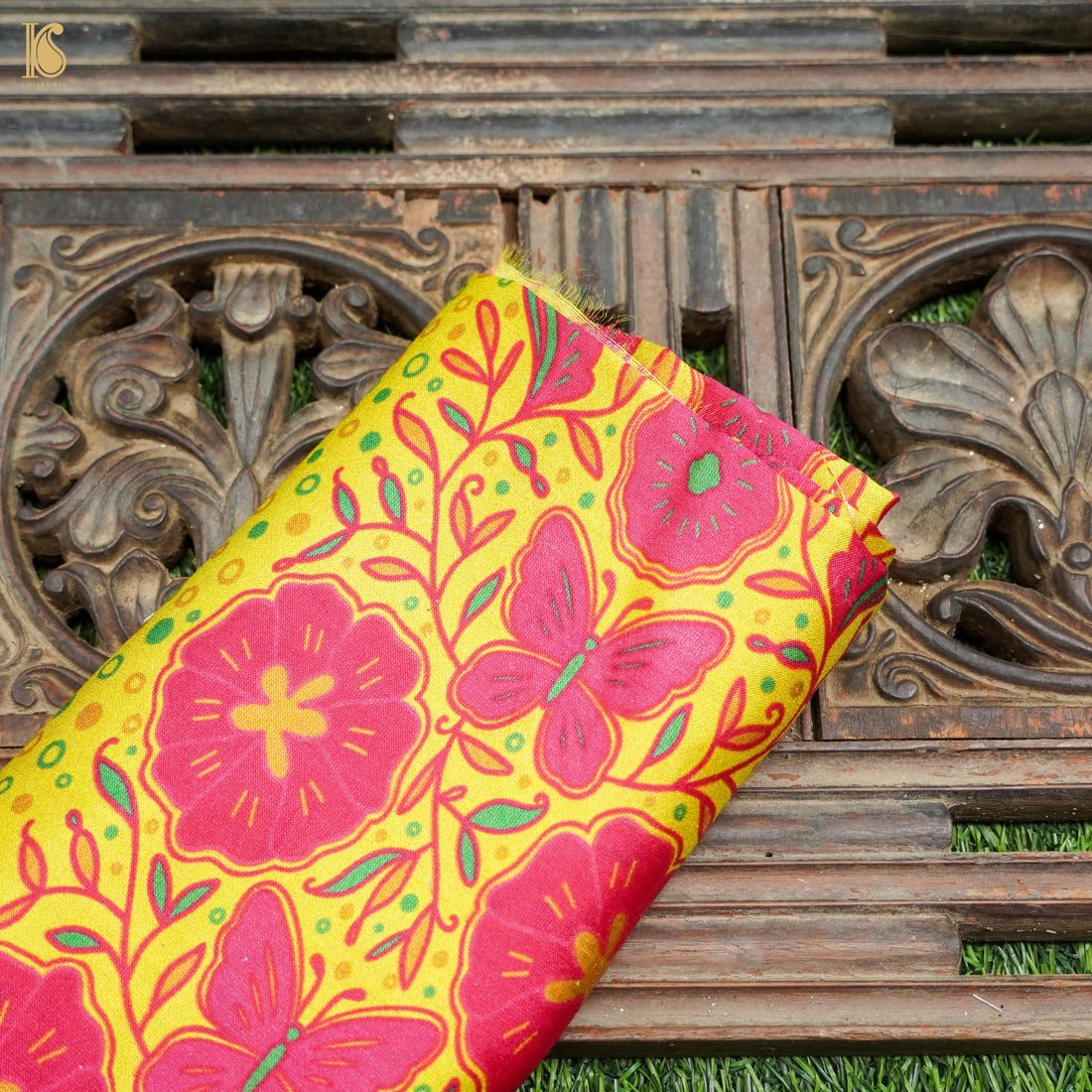 Poppy Lime &amp; Pink Titli Print Chiniya Silk Fabric - Khinkhwab