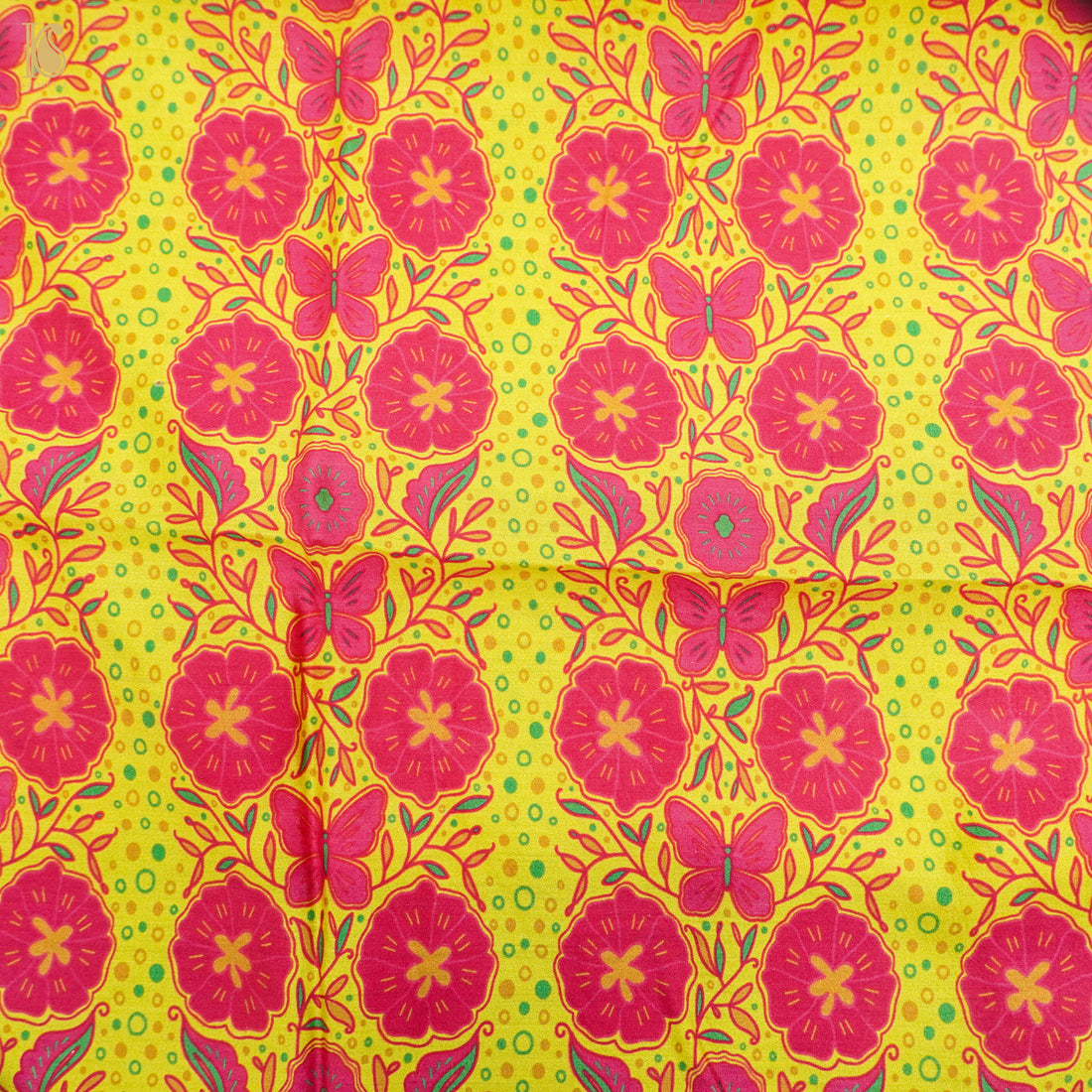 Poppy Lime &amp; Pink Titli Print Chiniya Silk Fabric - Khinkhwab