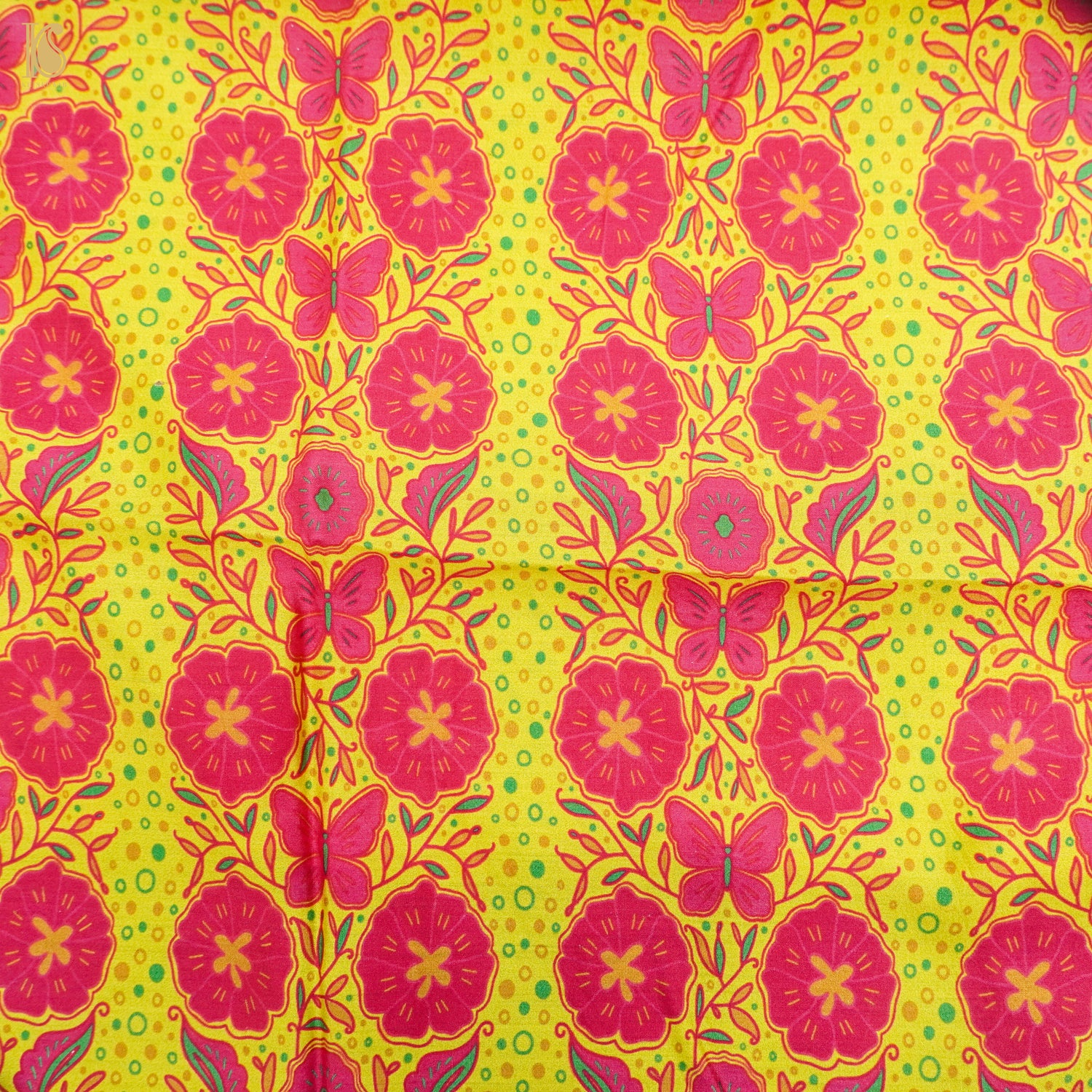 Poppy Lime &amp; Pink Titli Print Chiniya Silk Fabric - Khinkhwab