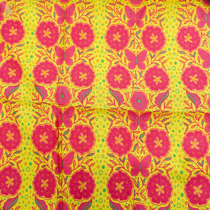 Poppy Lime &amp; Pink Titli Print Chiniya Silk Fabric - Khinkhwab