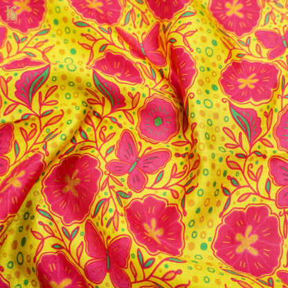 Poppy Lime &amp; Pink Titli Print Chiniya Silk Fabric - Khinkhwab