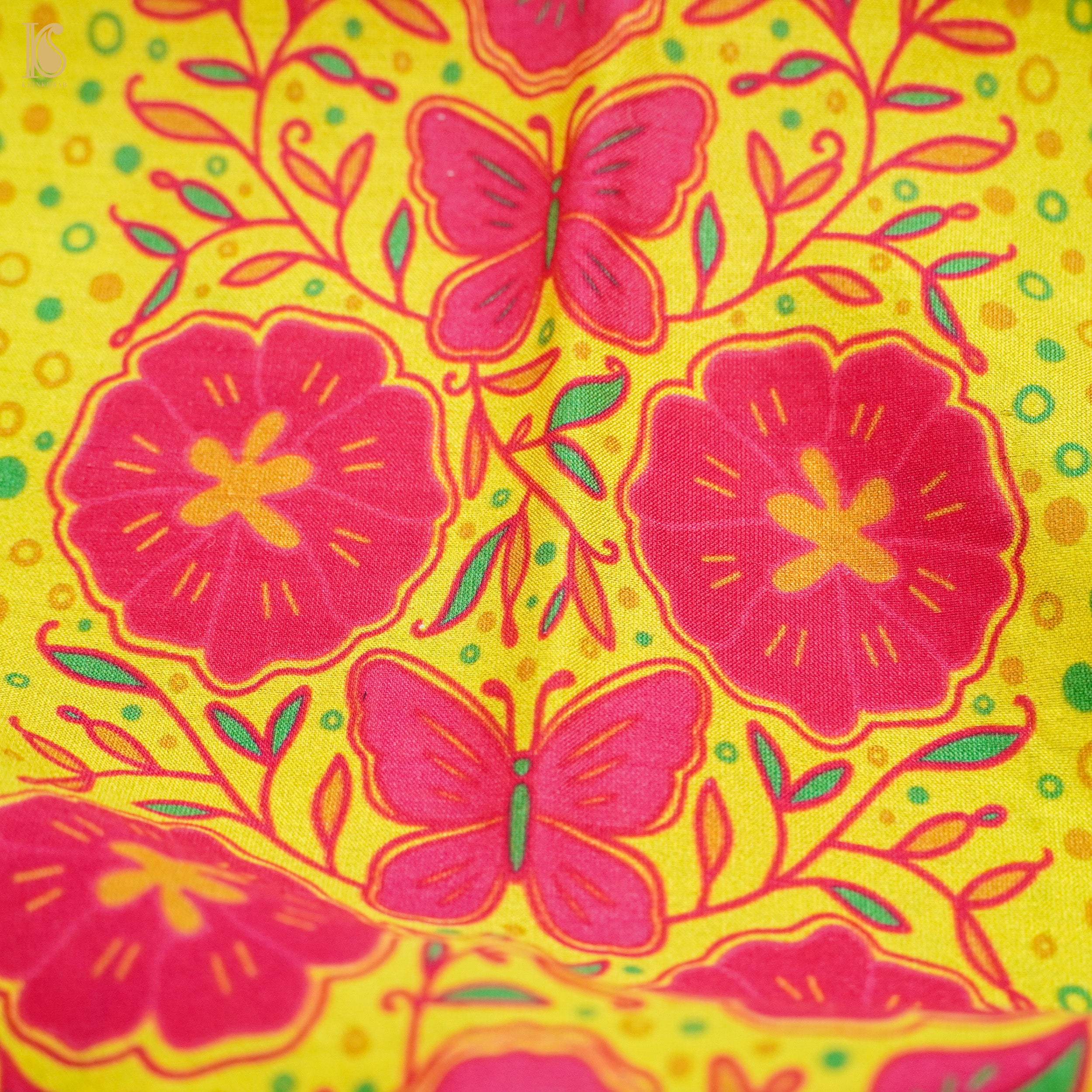 Poppy Lime &amp; Pink Titli Print Chiniya Silk Fabric - Khinkhwab