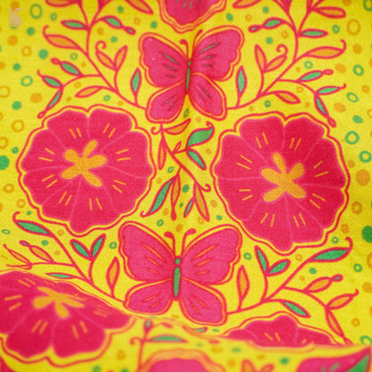 Poppy Lime &amp; Pink Titli Print Chiniya Silk Fabric - Khinkhwab