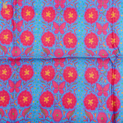 Poppy Blue &amp; Pink Titli Print Chiniya Silk Fabric - Khinkhwab