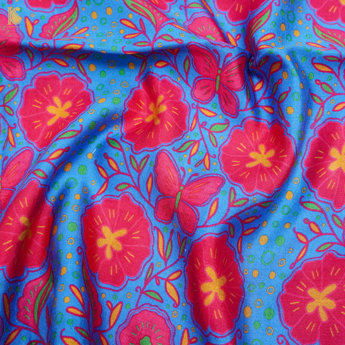 Poppy Blue &amp; Pink Titli Print Chiniya Silk Fabric - Khinkhwab