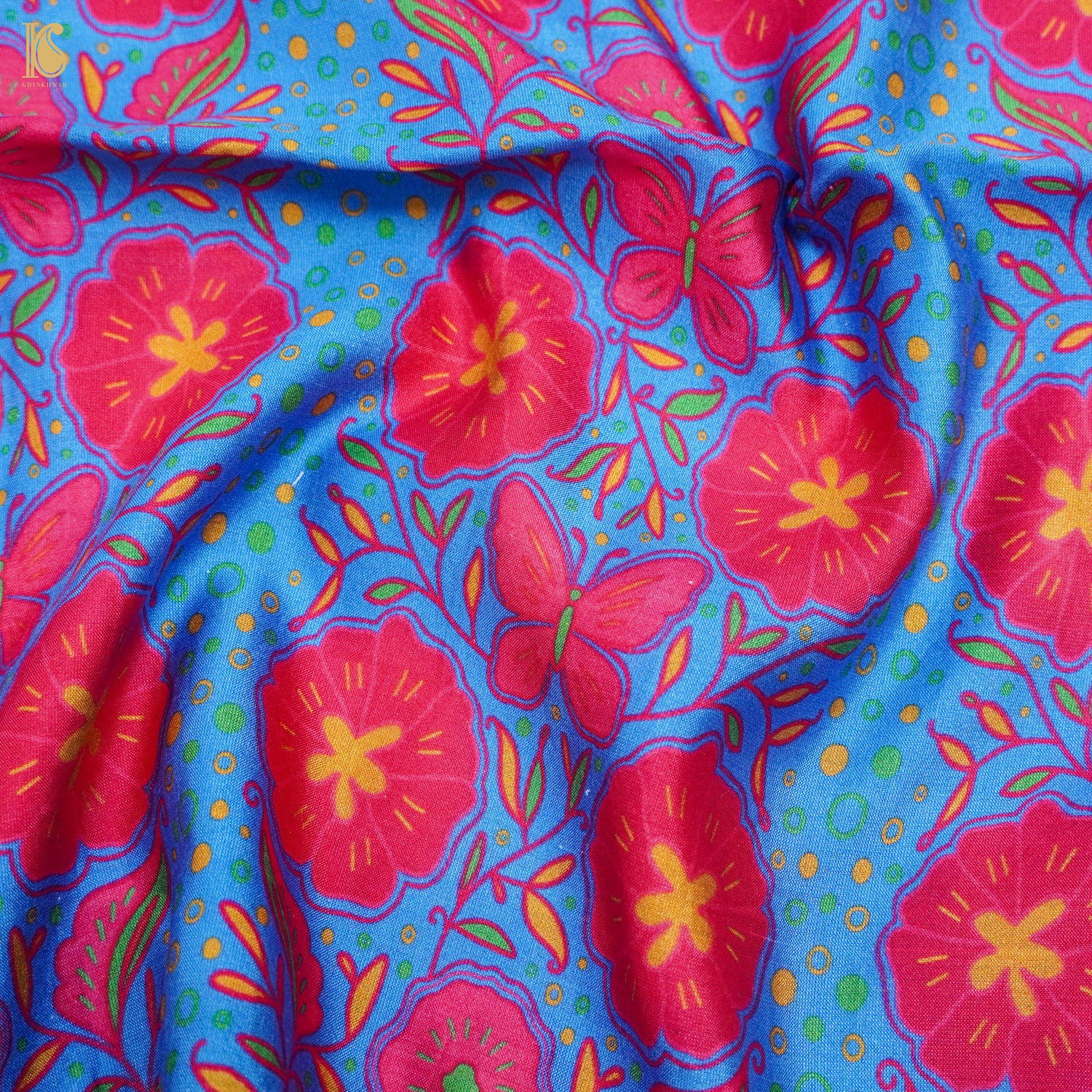 Poppy Blue &amp; Pink Titli Print Chiniya Silk Fabric - Khinkhwab