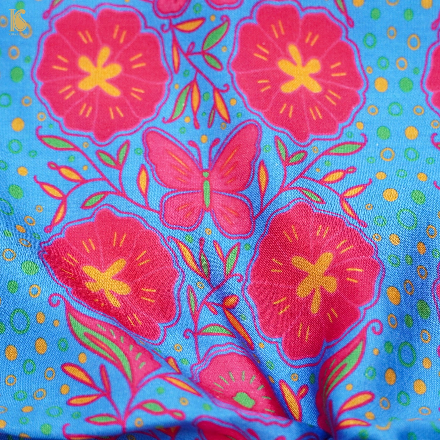 Poppy Blue &amp; Pink Titli Print Chiniya Silk Fabric - Khinkhwab