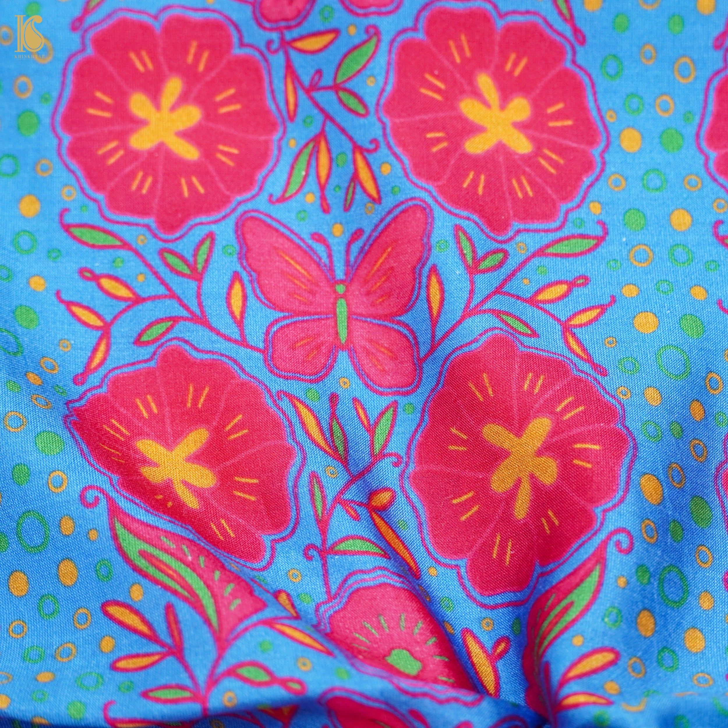 Poppy Blue &amp; Pink Titli Print Chiniya Silk Fabric - Khinkhwab