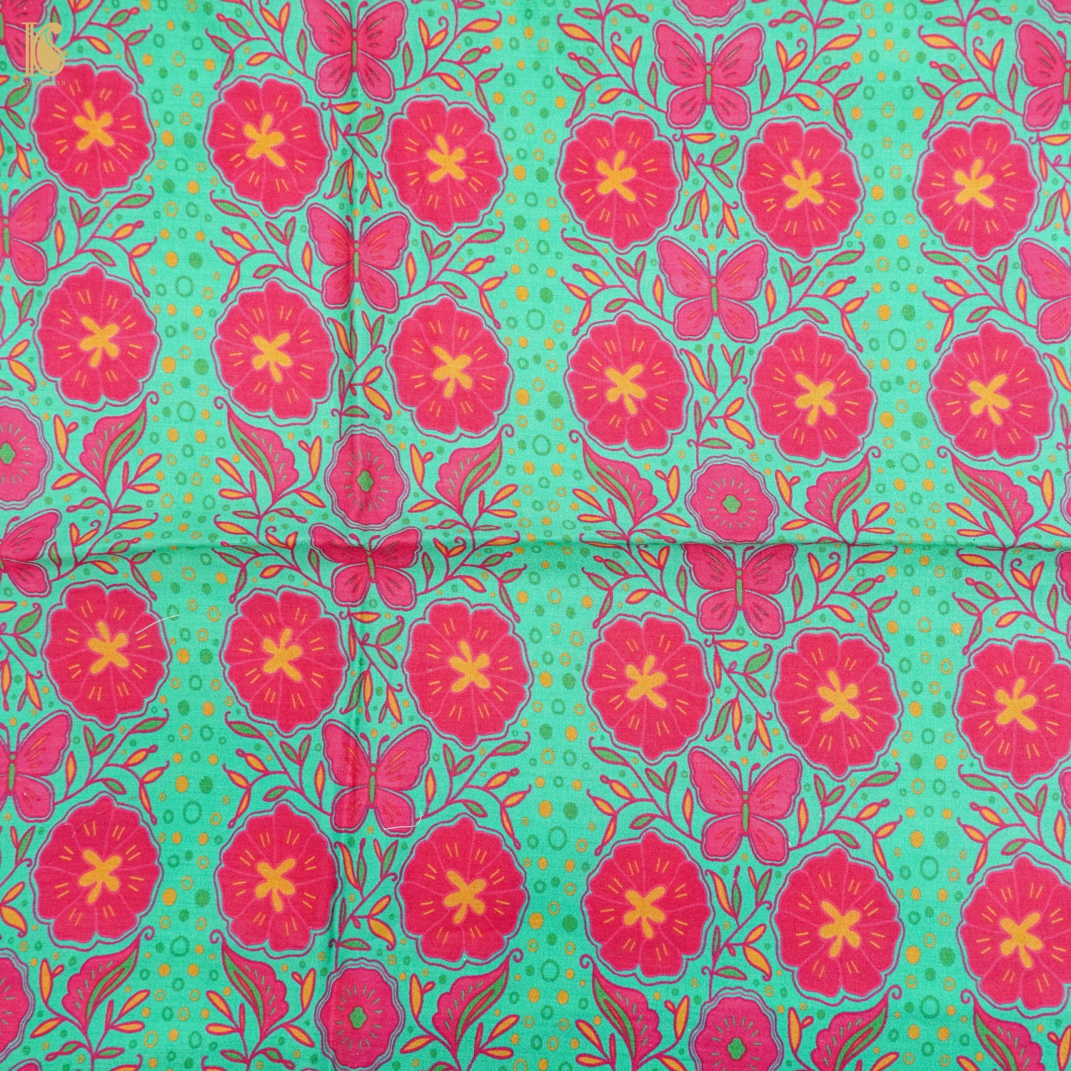 Poppy Teal &amp; Pink Titli Print Chiniya Silk Fabric - Khinkhwab