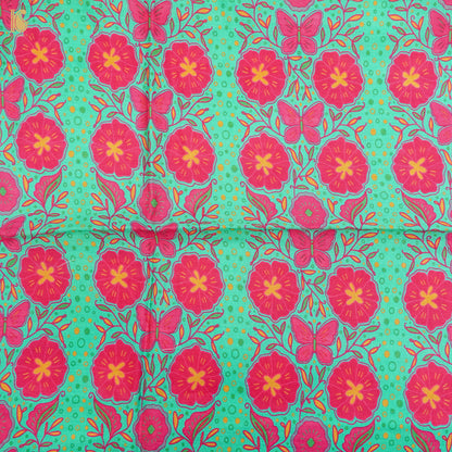 Poppy Teal &amp; Pink Titli Print Chiniya Silk Fabric - Khinkhwab