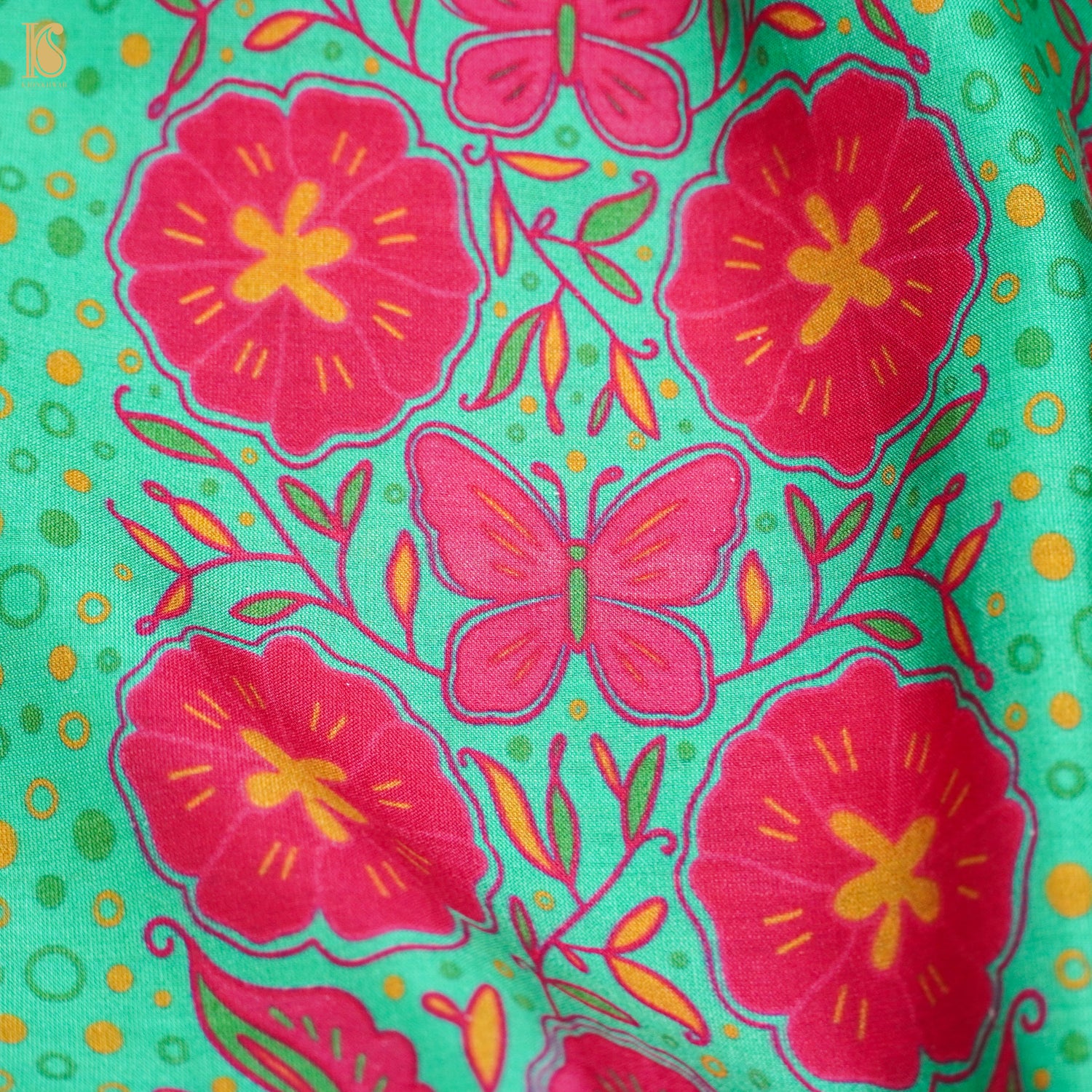 Poppy Teal &amp; Pink Titli Print Chiniya Silk Fabric - Khinkhwab