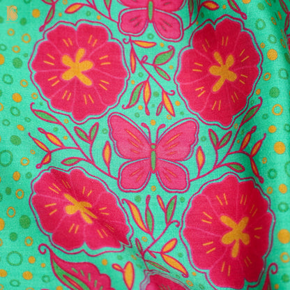 Poppy Teal &amp; Pink Titli Print Chiniya Silk Fabric - Khinkhwab