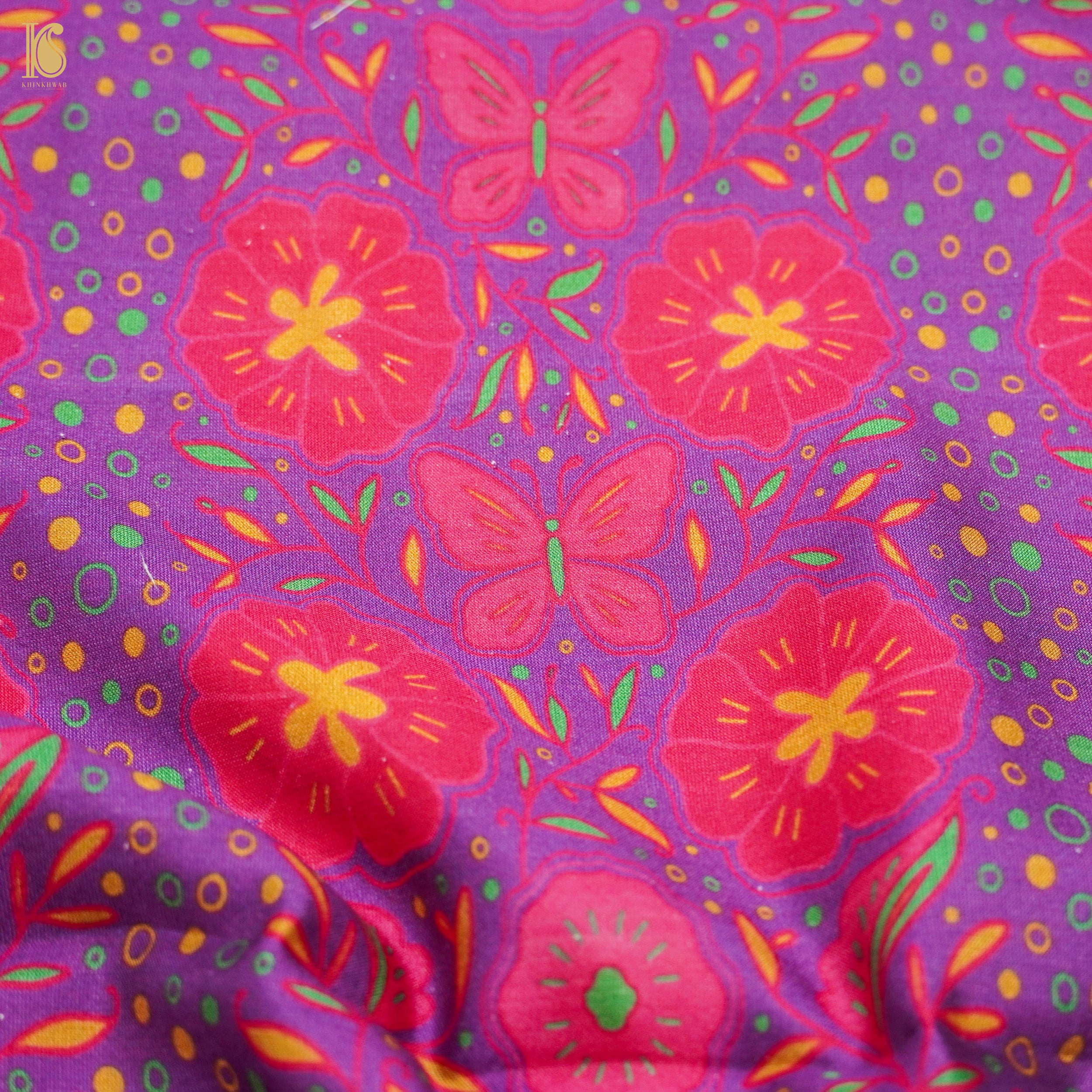 Poppy Purple &amp; Pink Titli Print Chiniya Silk Fabric - Khinkhwab