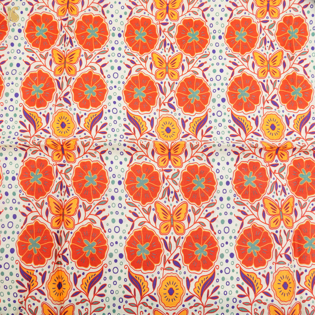 Poppy Yellow &amp; Orange Titli Print Chiniya Silk Fabric - Khinkhwab
