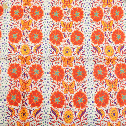 Poppy Yellow &amp; Orange Titli Print Chiniya Silk Fabric - Khinkhwab