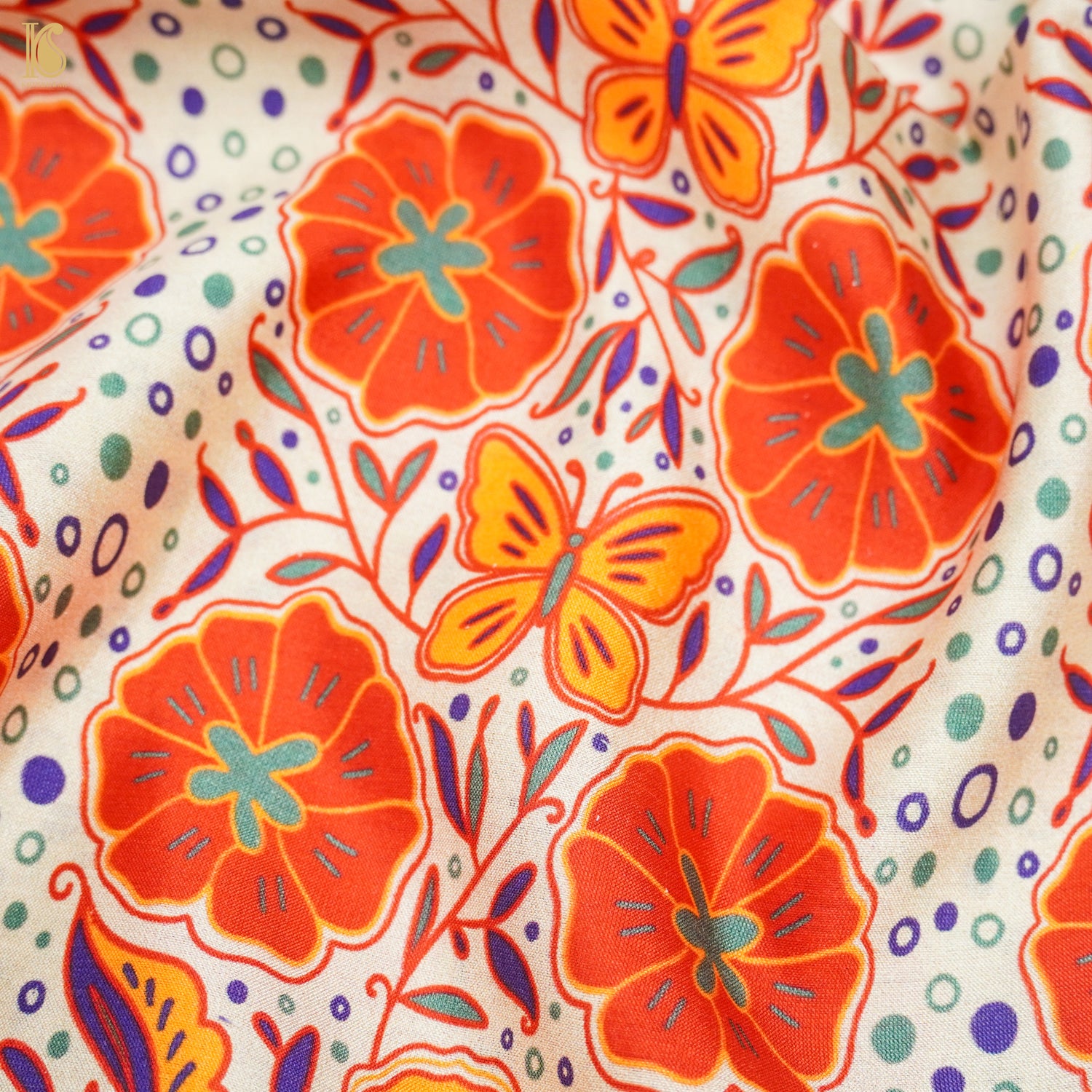 Poppy Yellow &amp; Orange Titli Print Chiniya Silk Fabric - Khinkhwab