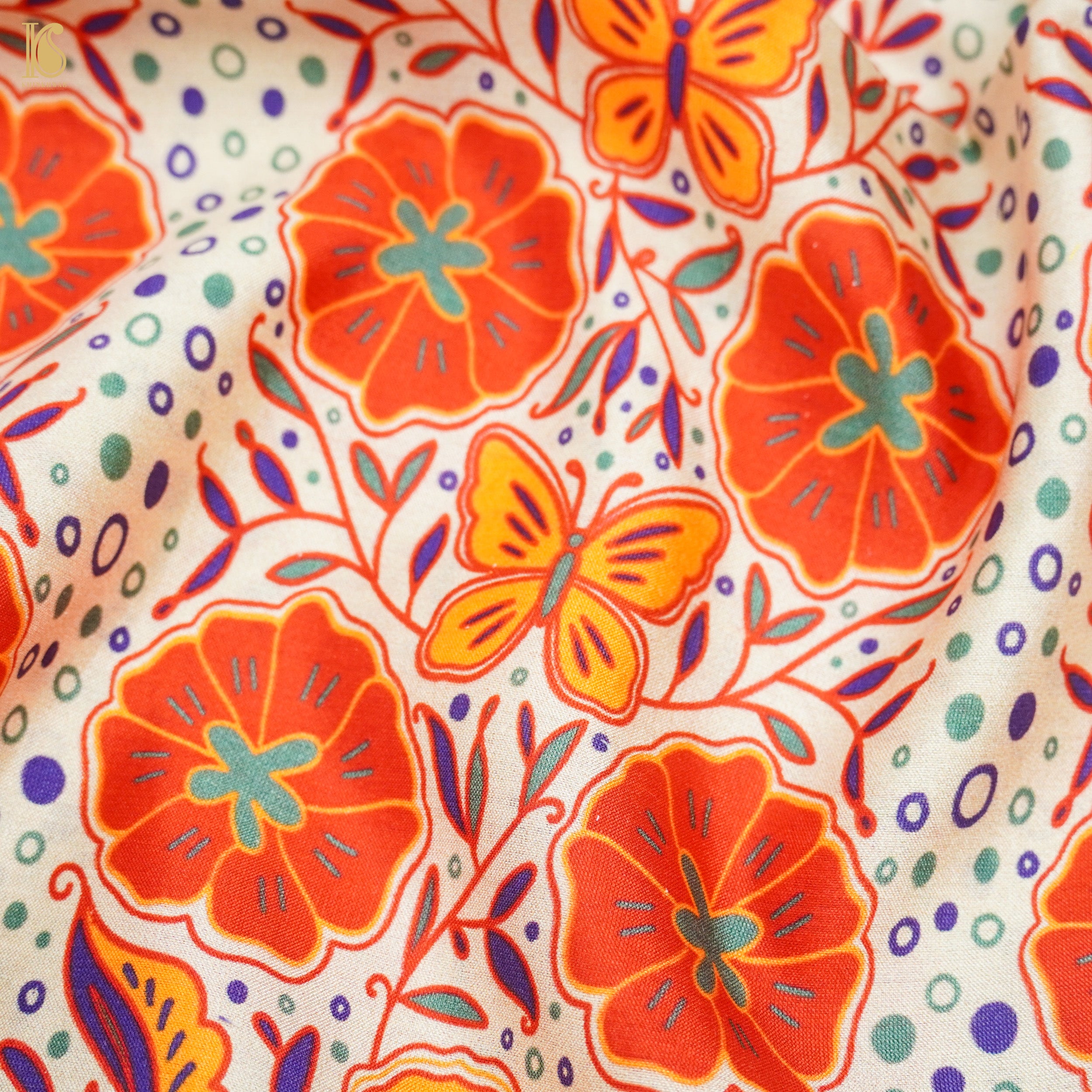 Poppy Yellow &amp; Orange Titli Print Chiniya Silk Fabric - Khinkhwab