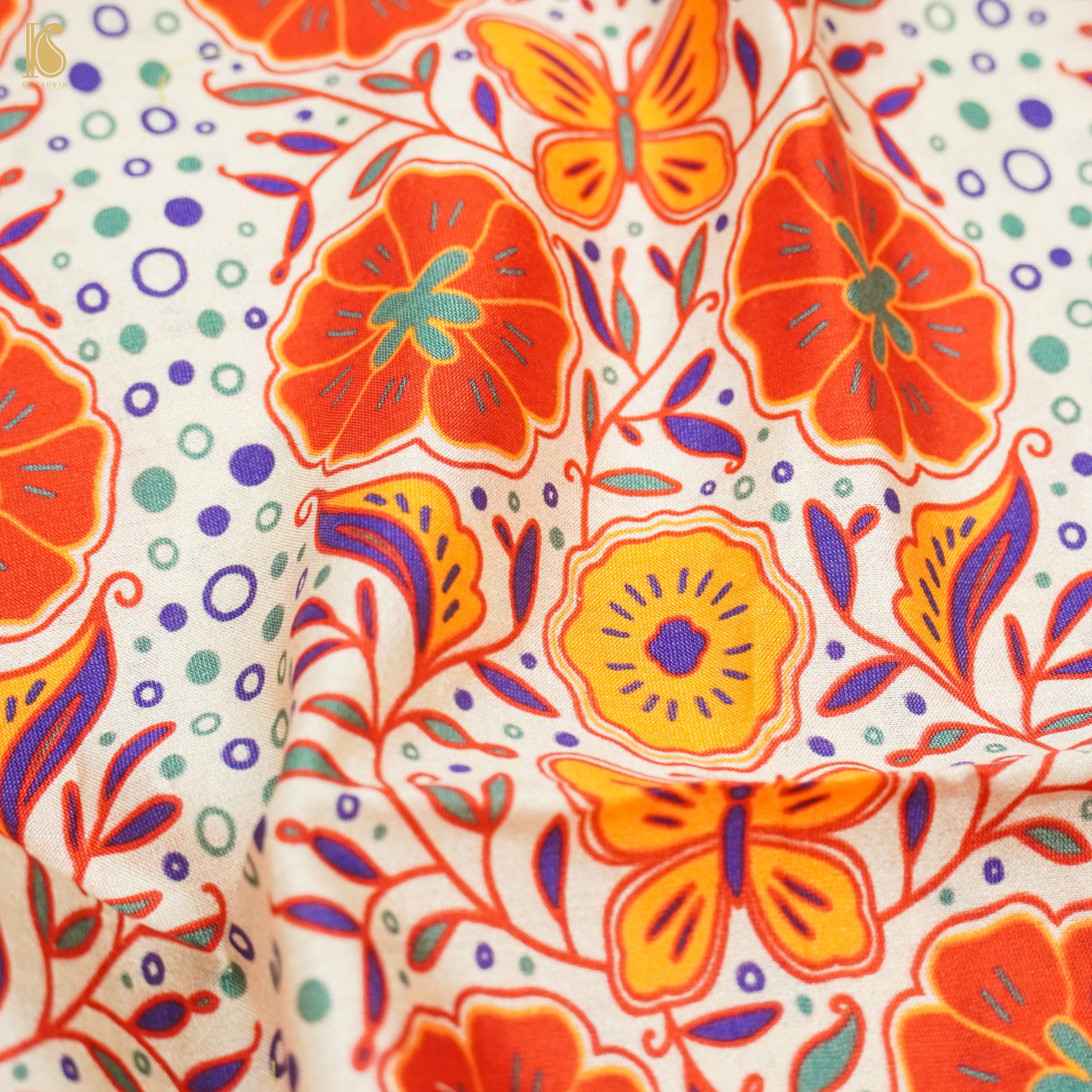 Poppy Yellow &amp; Orange Titli Print Chiniya Silk Fabric - Khinkhwab