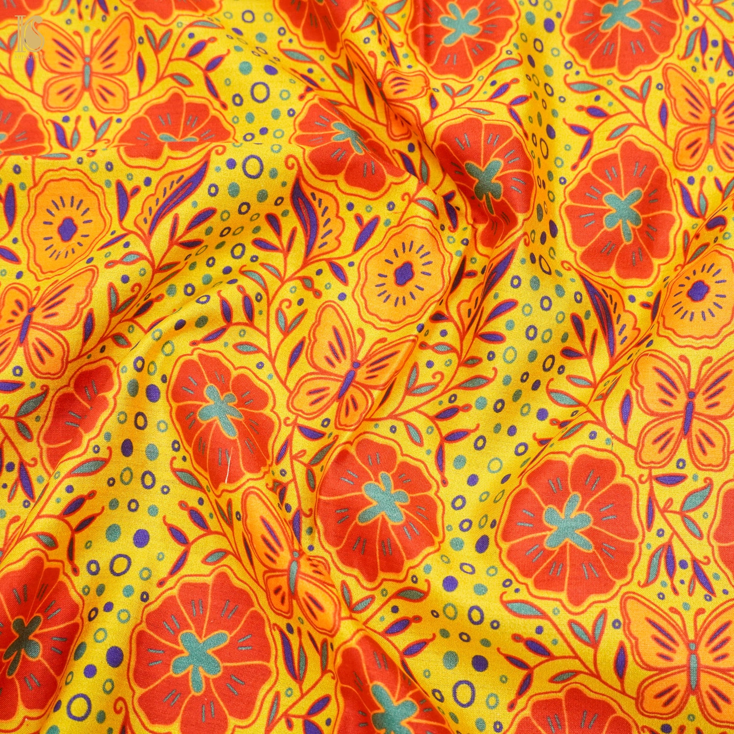 Poppy Yellow &amp; Orange Titli Print Chiniya Silk Fabric - Khinkhwab