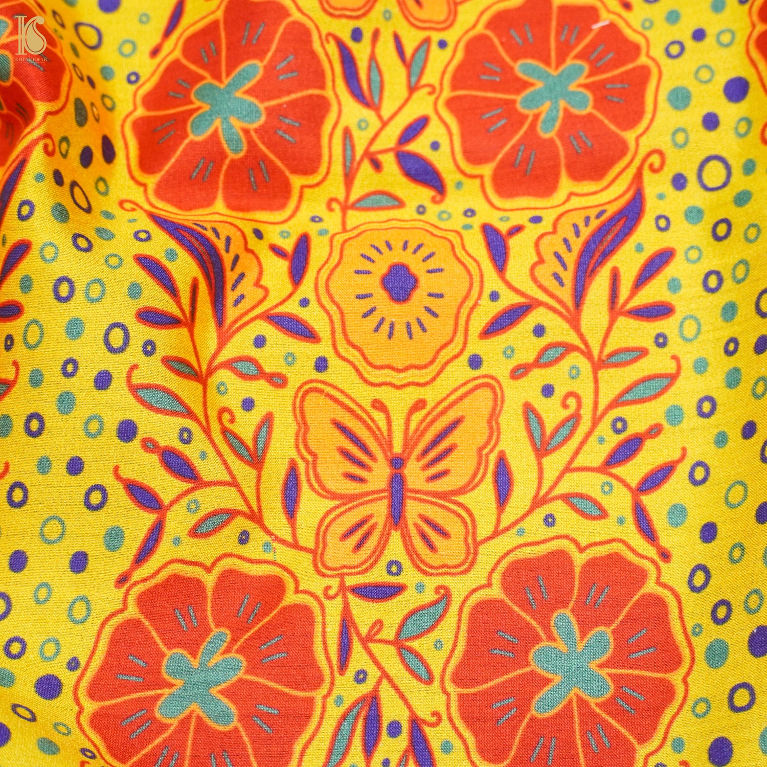 Poppy Yellow &amp; Orange Titli Print Chiniya Silk Fabric - Khinkhwab