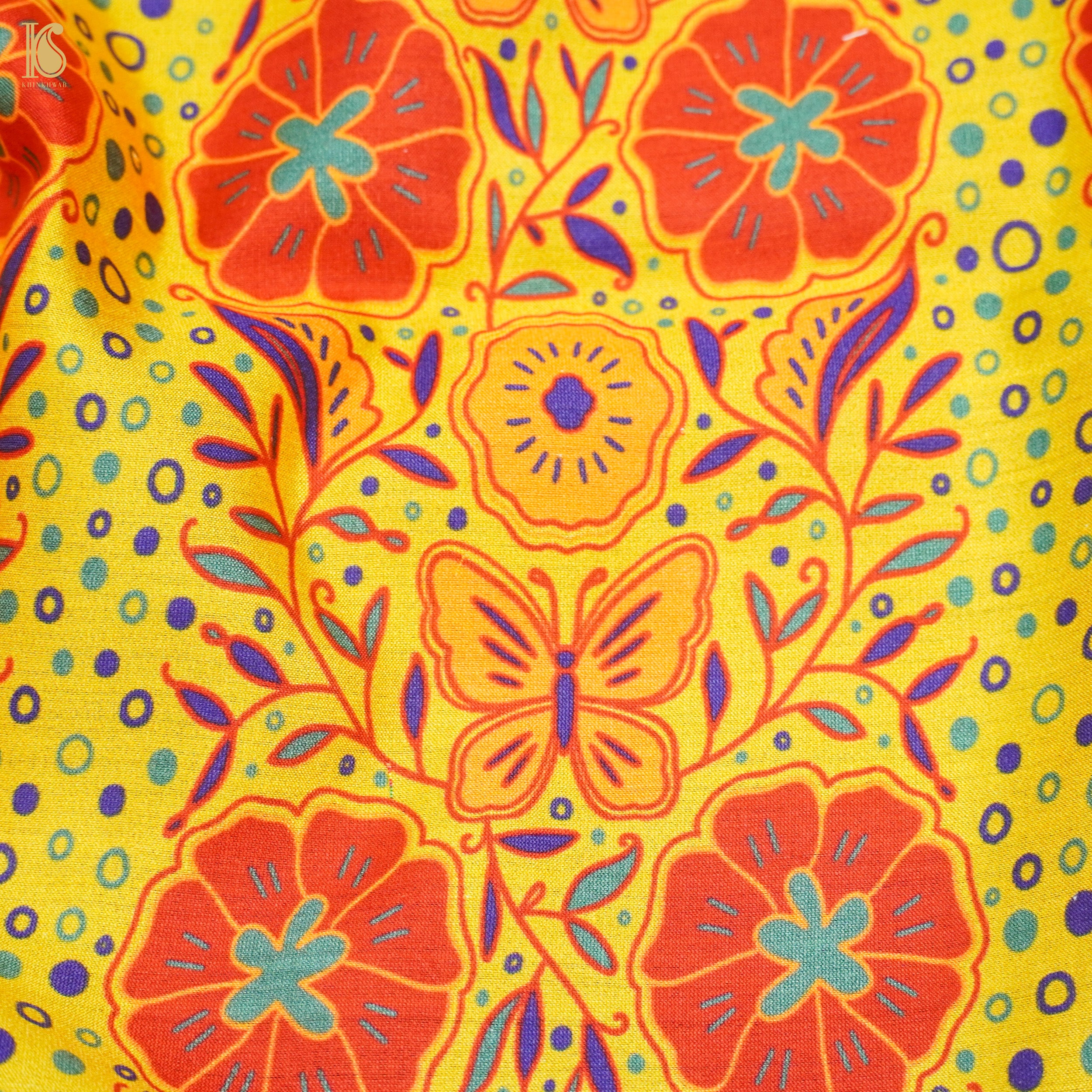 Poppy Yellow &amp; Orange Titli Print Chiniya Silk Fabric - Khinkhwab