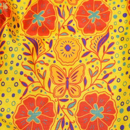 Poppy Yellow &amp; Orange Titli Print Chiniya Silk Fabric - Khinkhwab