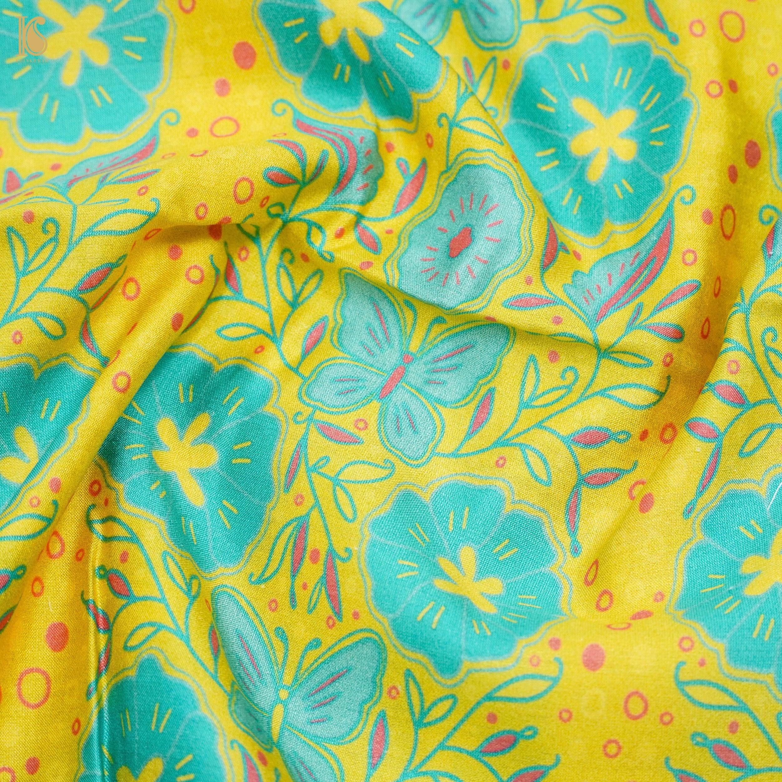 Poppy Lime Yellow &amp; Teal Titli Print Chiniya Silk Fabric - Khinkhwab
