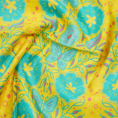 Poppy Lime Yellow &amp; Teal Titli Print Chiniya Silk Fabric - Khinkhwab
