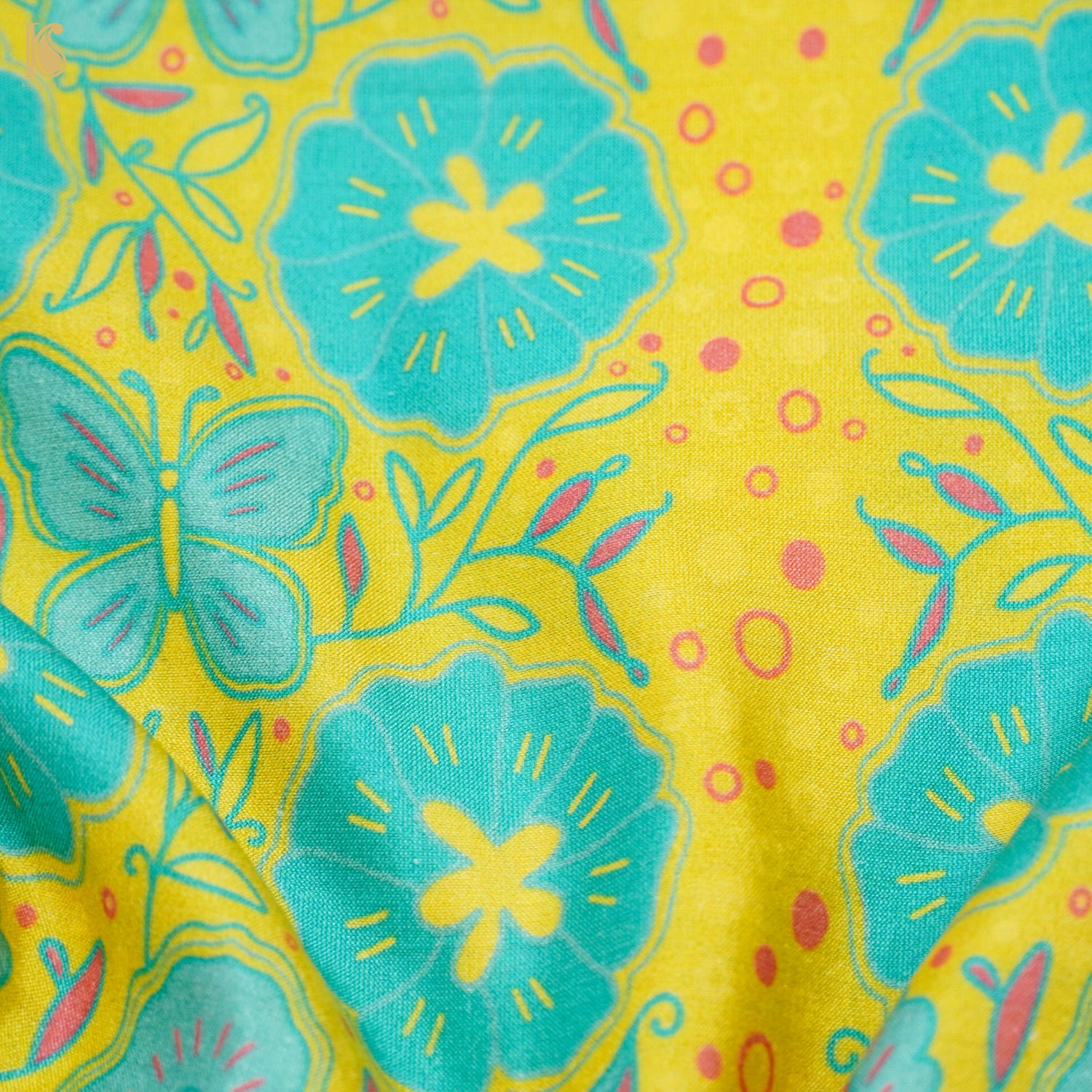 Poppy Lime Yellow &amp; Teal Titli Print Chiniya Silk Fabric - Khinkhwab