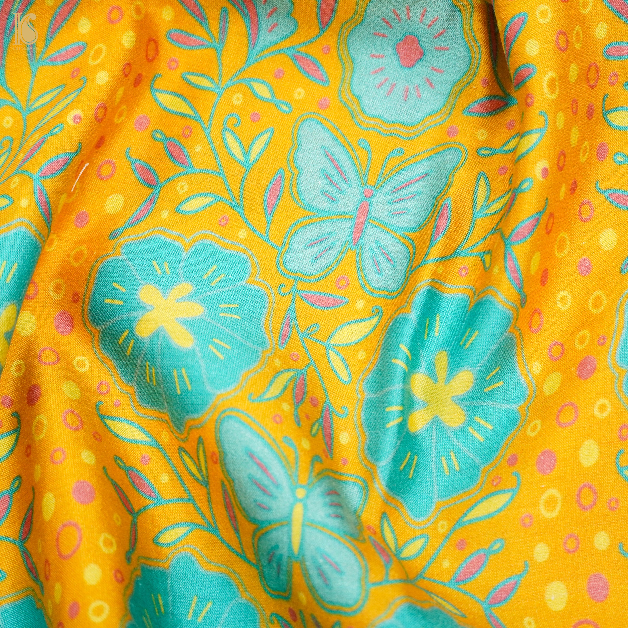 Poppy Yellow &amp; Teal Titli Print Chiniya Silk Fabric - Khinkhwab