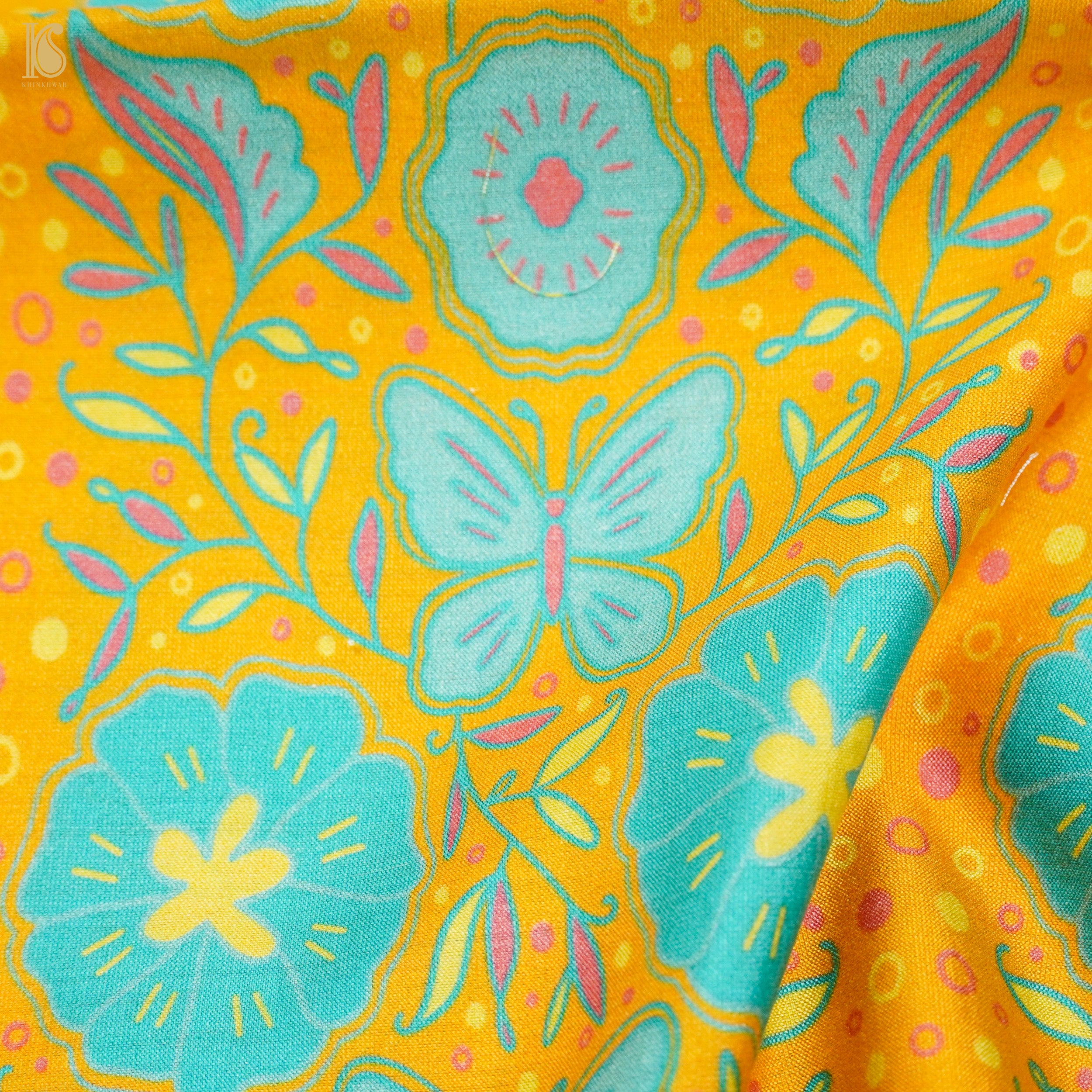 Poppy Yellow &amp; Teal Titli Print Chiniya Silk Fabric - Khinkhwab