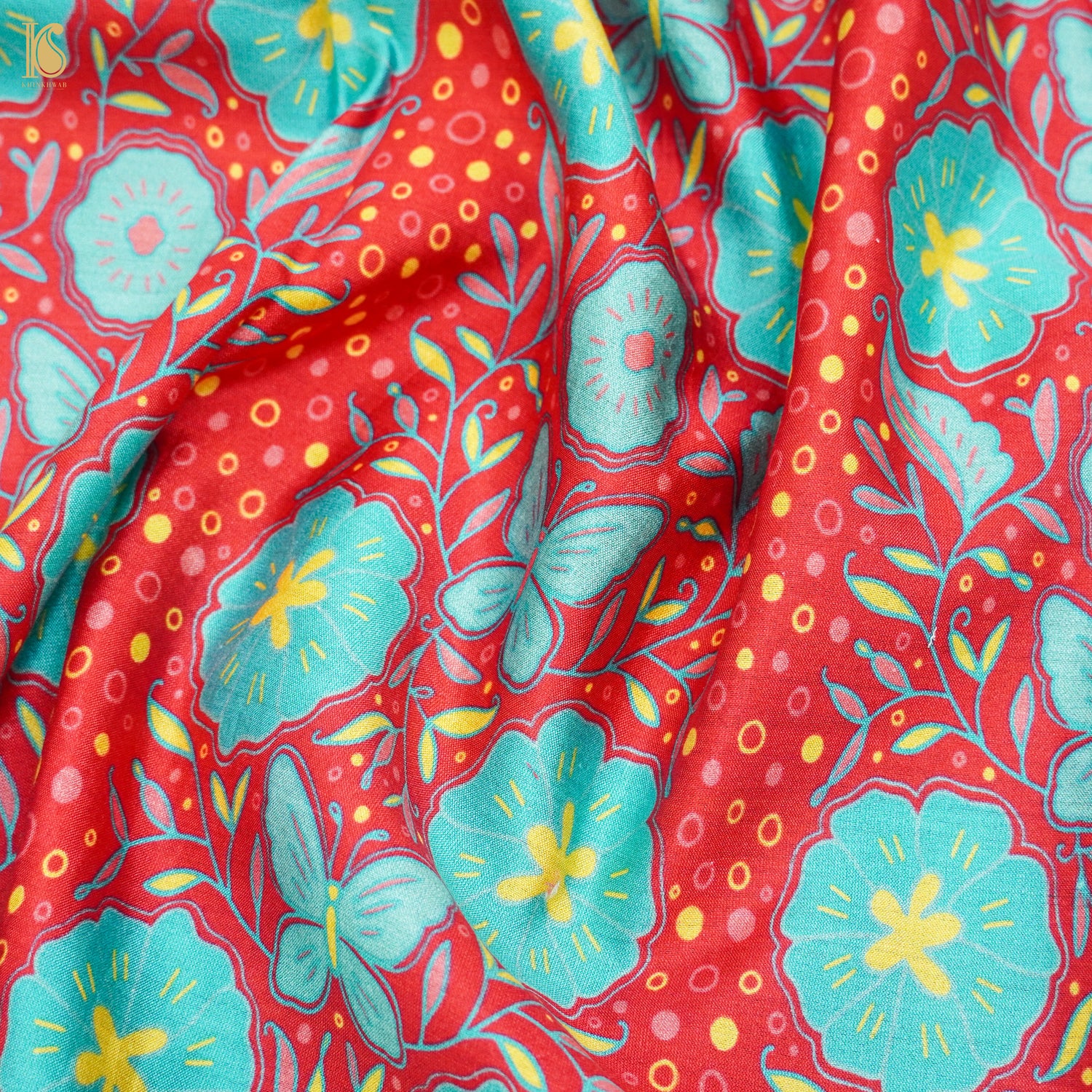 Poppy Crimson &amp; Teal Titli Print Chiniya Silk Fabric - Khinkhwab