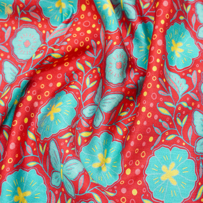 Poppy Crimson &amp; Teal Titli Print Chiniya Silk Fabric - Khinkhwab