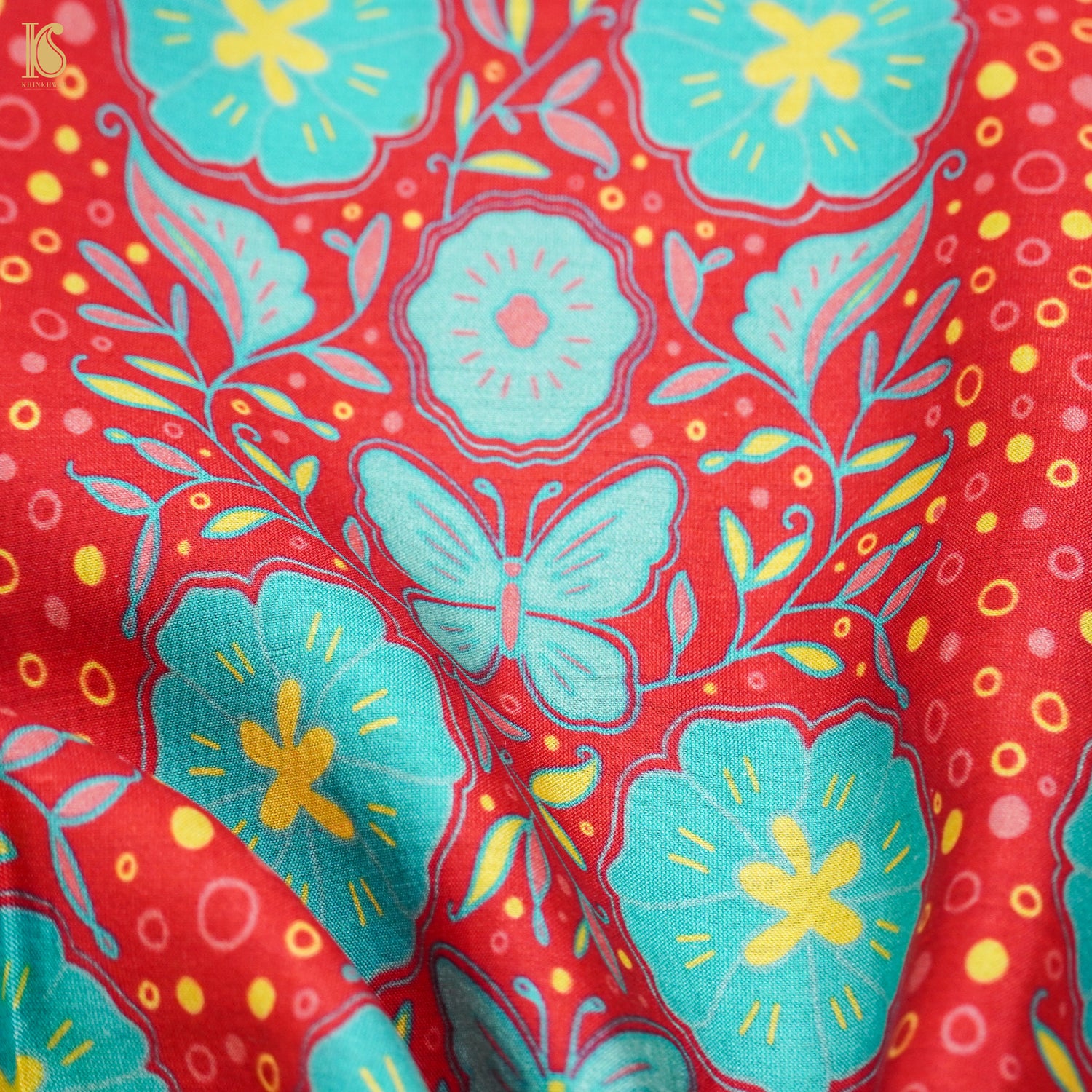 Poppy Crimson &amp; Teal Titli Print Chiniya Silk Fabric - Khinkhwab