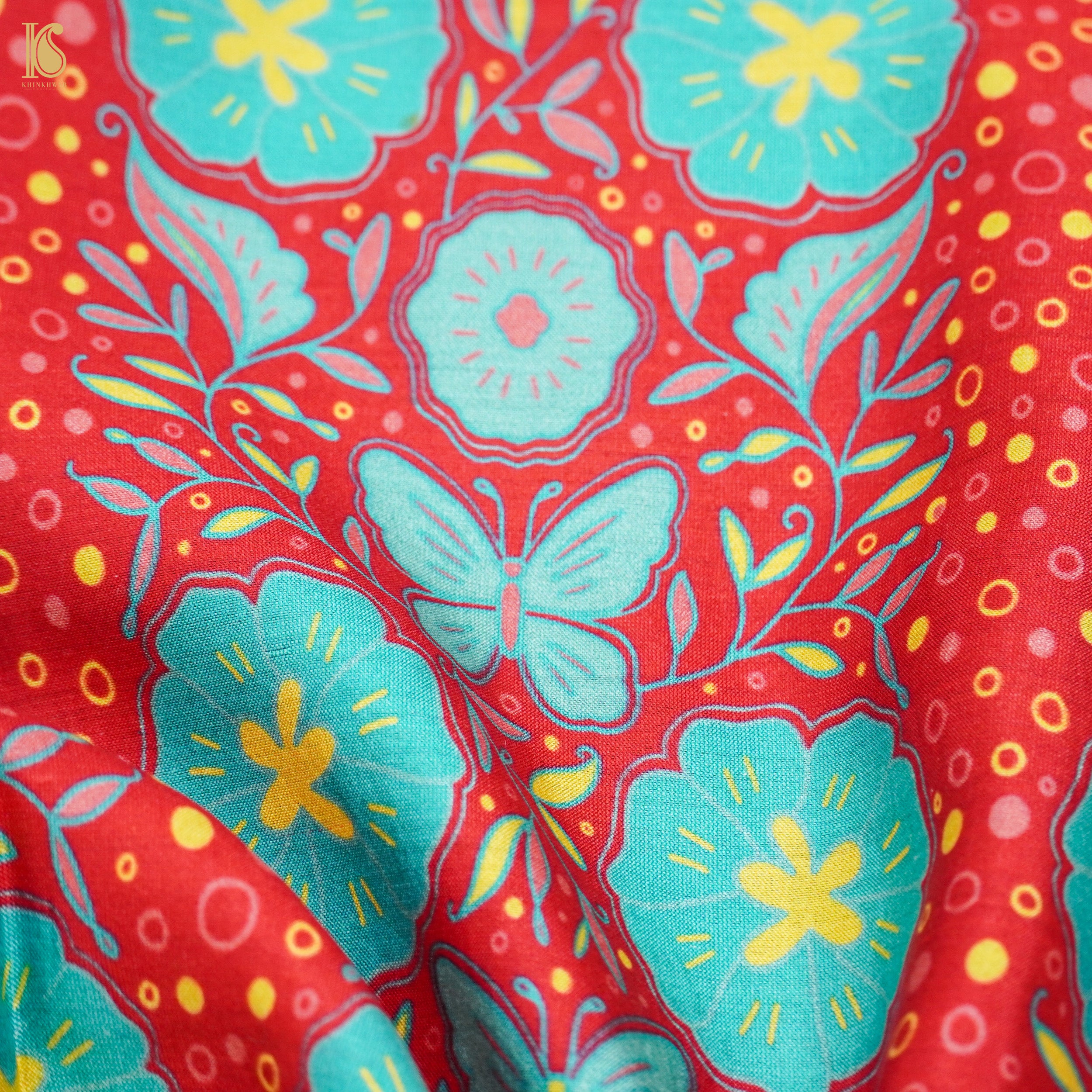 Poppy Crimson &amp; Teal Titli Print Chiniya Silk Fabric - Khinkhwab