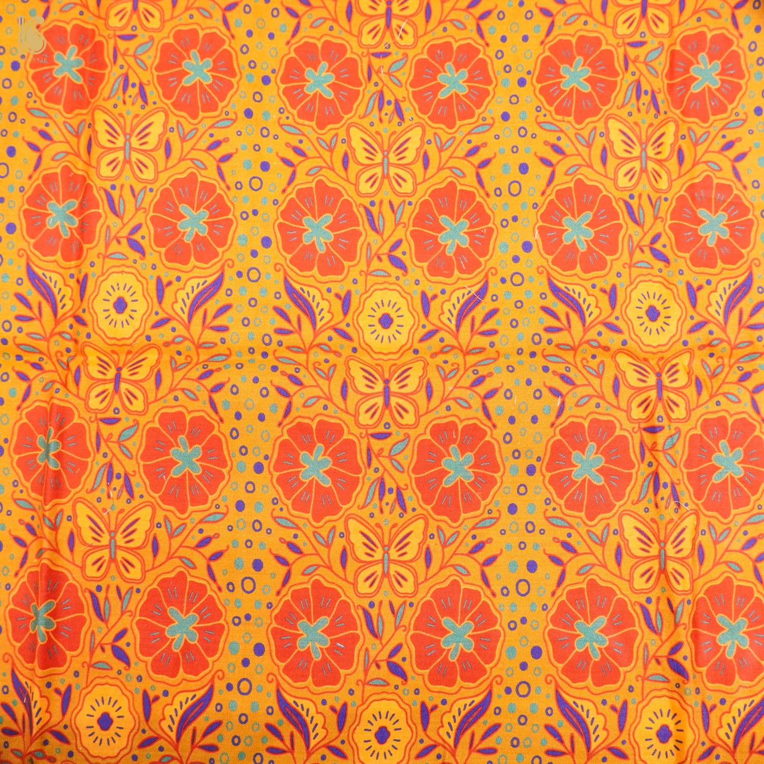 Poppy Orange &amp; Yellow Titli Print Chiniya Silk Fabric - Khinkhwab