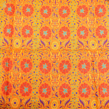 Poppy Orange &amp; Yellow Titli Print Chiniya Silk Fabric - Khinkhwab