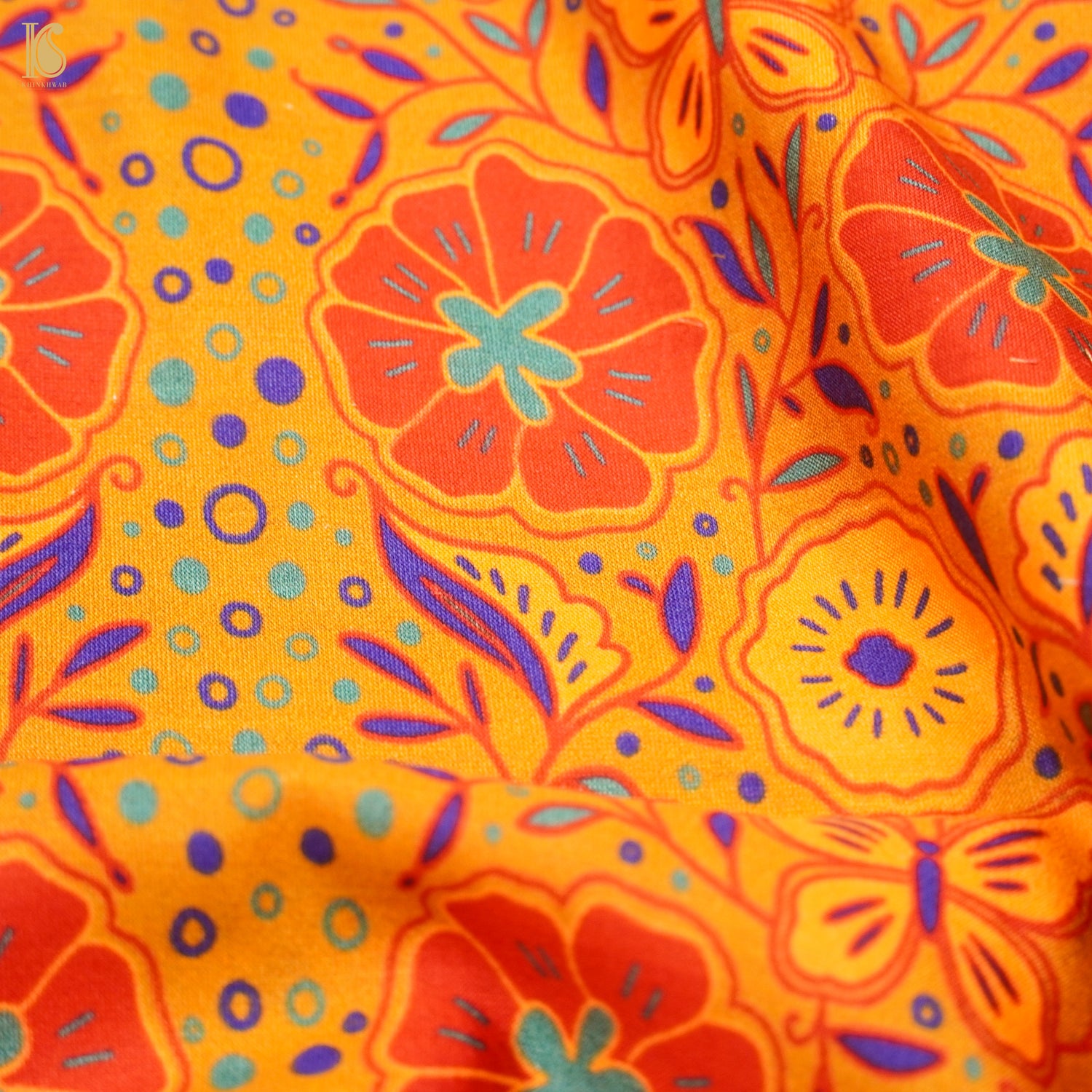 Poppy Orange &amp; Yellow Titli Print Chiniya Silk Fabric - Khinkhwab