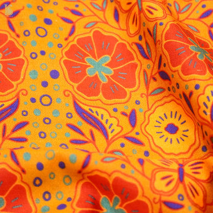 Poppy Orange &amp; Yellow Titli Print Chiniya Silk Fabric - Khinkhwab
