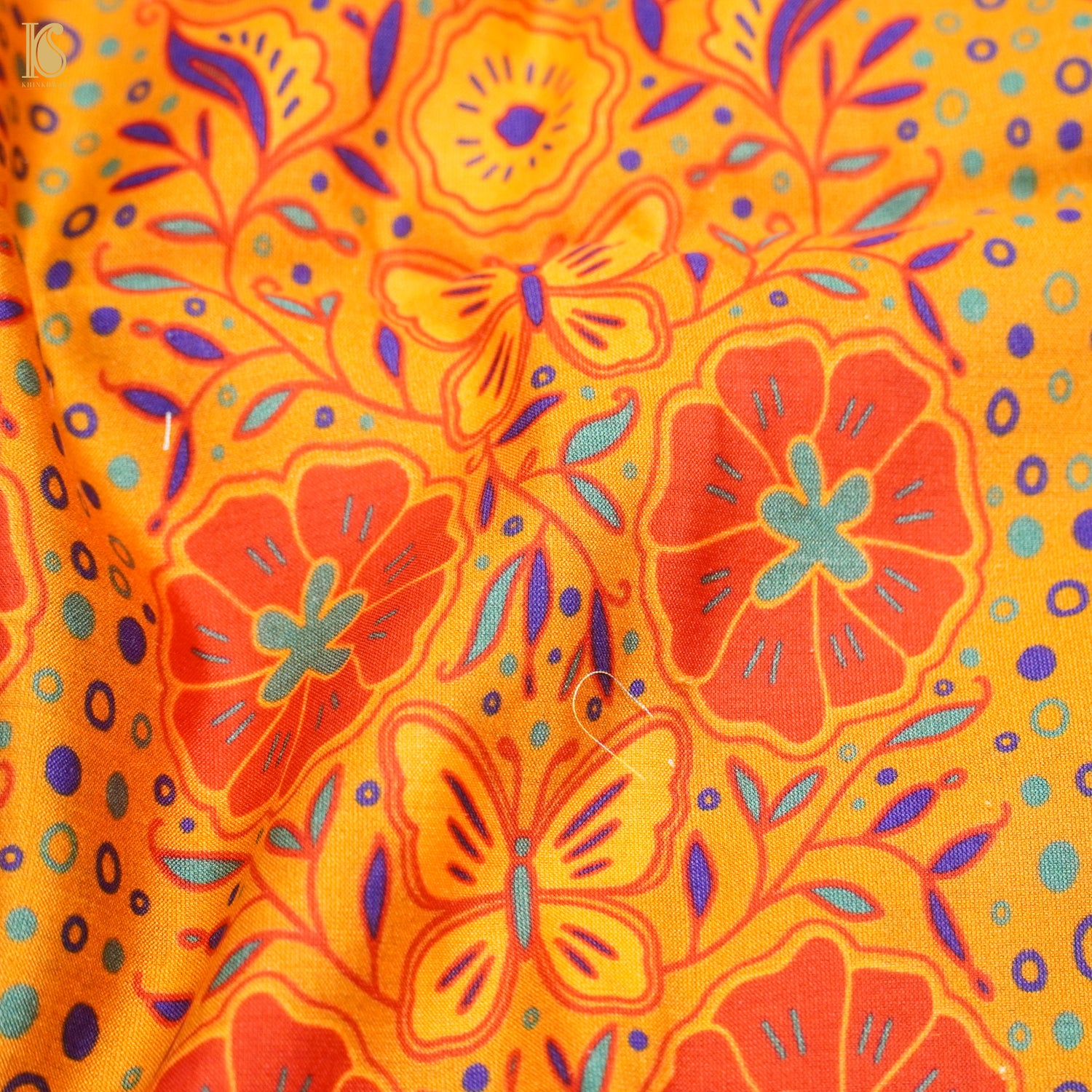 Poppy Orange &amp; Yellow Titli Print Chiniya Silk Fabric - Khinkhwab