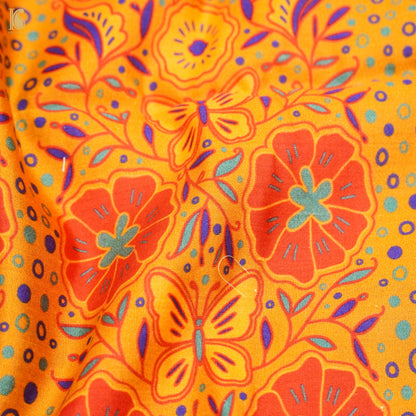 Poppy Orange &amp; Yellow Titli Print Chiniya Silk Fabric - Khinkhwab
