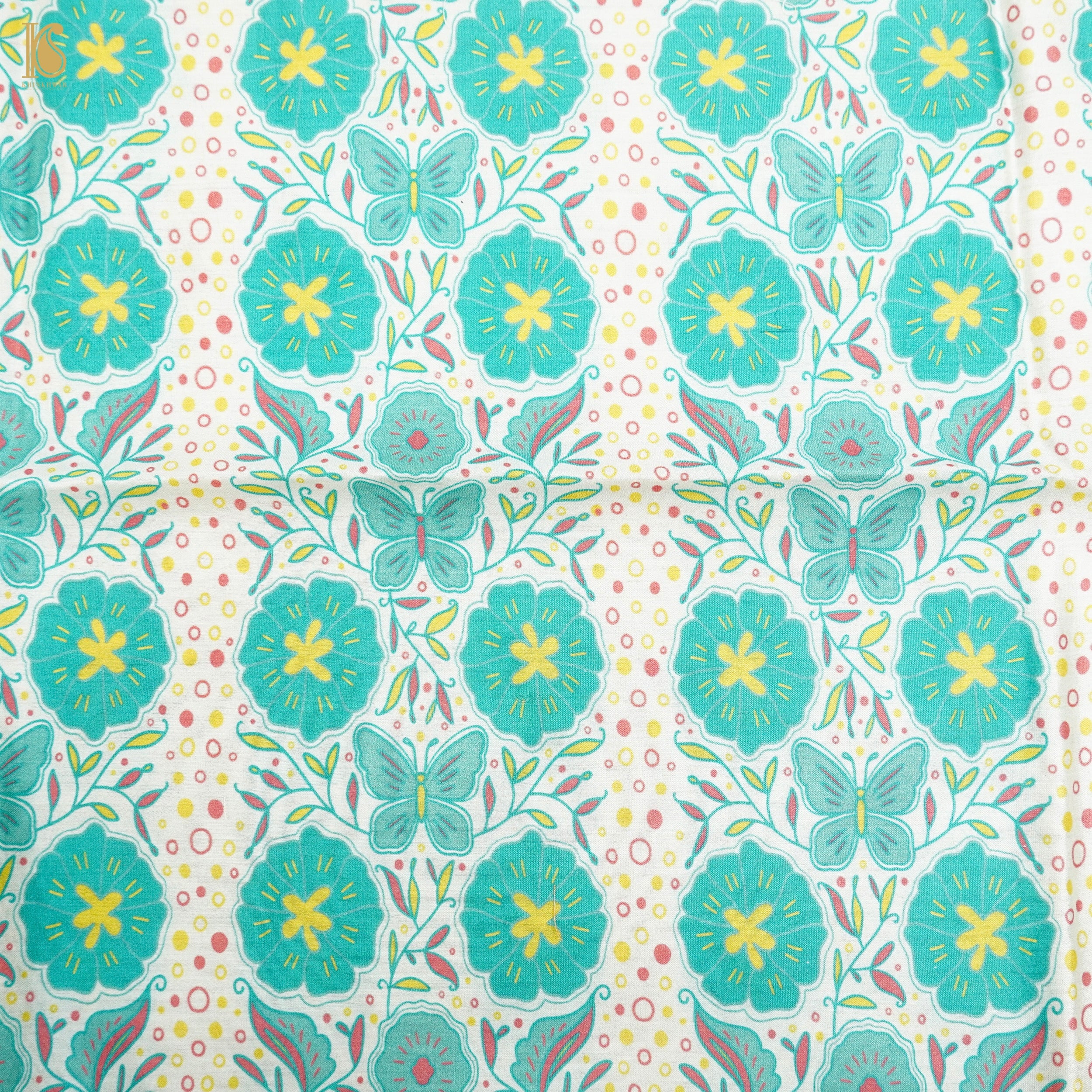 White &amp; Teal Titli Print Chiniya Silk Fabric - Khinkhwab