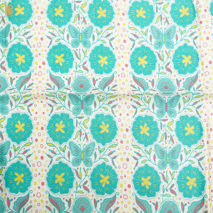 White &amp; Teal Titli Print Chiniya Silk Fabric - Khinkhwab