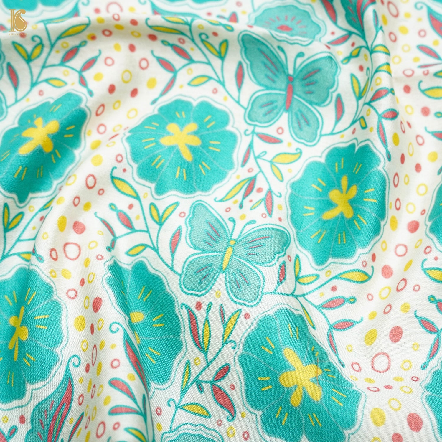 White &amp; Teal Titli Print Chiniya Silk Fabric - Khinkhwab