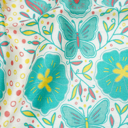 White &amp; Teal Titli Print Chiniya Silk Fabric - Khinkhwab