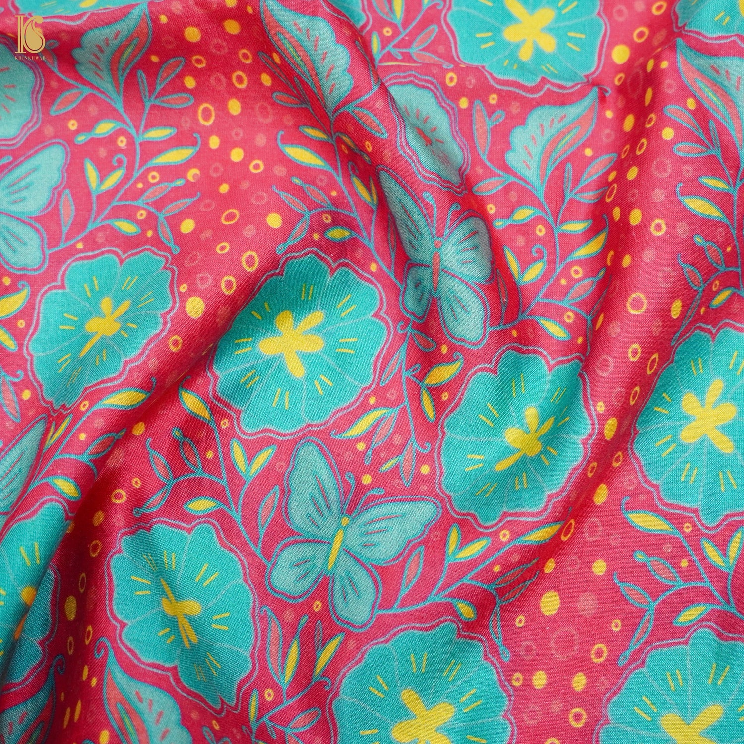 Poppy Red &amp; Teal Titli Print Chiniya Silk Fabric - Khinkhwab